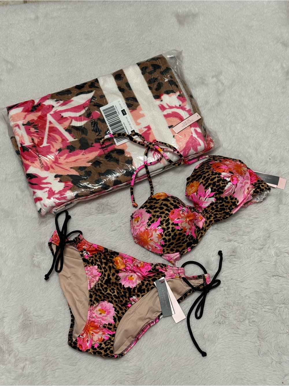 Leopard Floral Tie-Side Bikini Set in Pink with matching Towel
